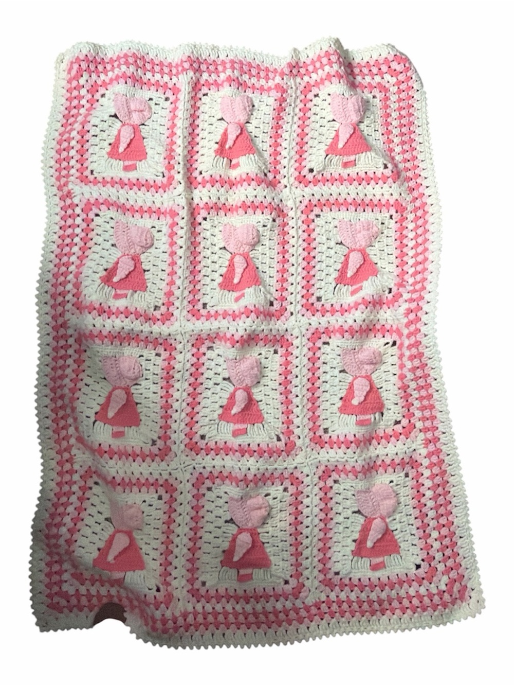 Unique Vtg  Pink/White Girl W/Bonnet baby handmade blanket